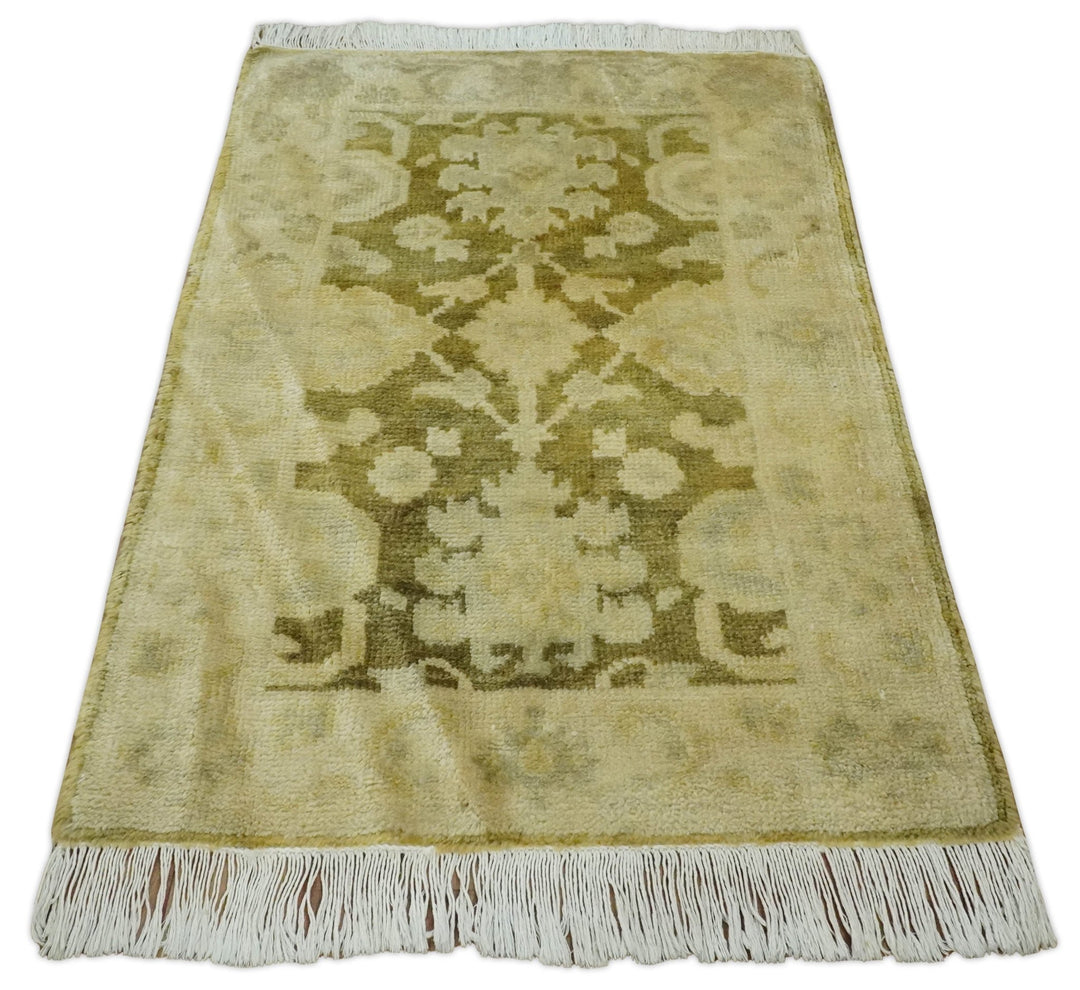 2x3 Hand Knotted Olive, Beige and Gray Traditional Persian Oushak Wool Rug | N3623 - The Rug Decor