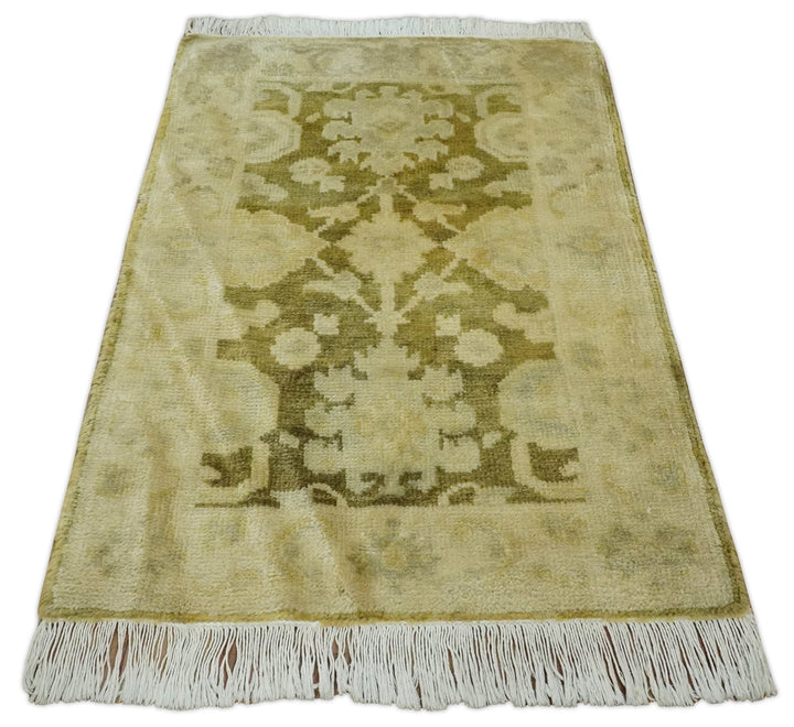 2x3 Hand Knotted Olive, Beige and Gray Traditional Persian Oushak Wool Rug | N3623 - The Rug Decor