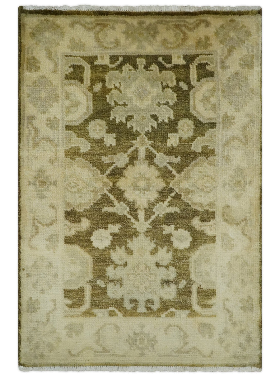 2x3 Hand Knotted Olive, Beige and Gray Traditional Persian Oushak Wool Rug | N4323 - The Rug Decor