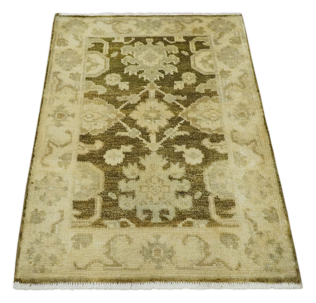 2x3 Hand Knotted Olive, Beige and Gray Traditional Persian Oushak Wool Rug | N4323 - The Rug Decor