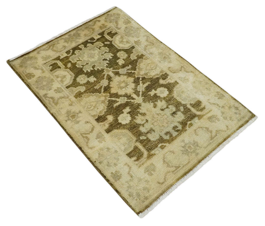 2x3 Hand Knotted Olive, Beige and Gray Traditional Persian Oushak Wool Rug | N4323 - The Rug Decor