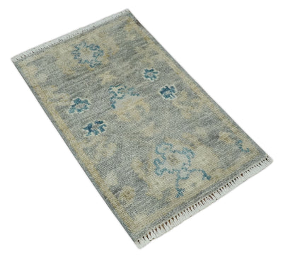 2x3 Hand Knotted Silver, Beige and Teal Traditional Wool Rug - The Rug Decor