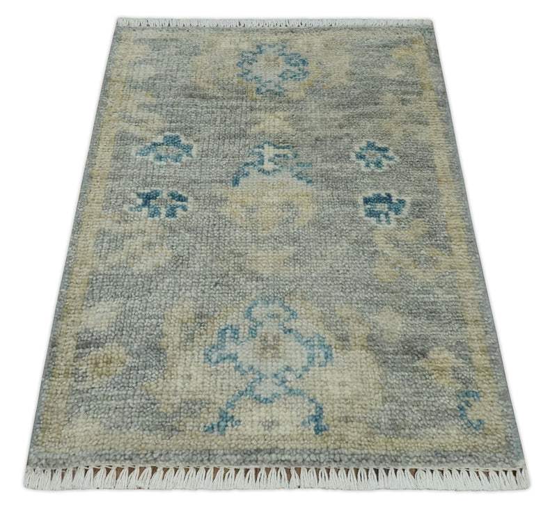 2x3 Hand Knotted Silver, Beige and Teal Traditional Wool Rug - The Rug Decor