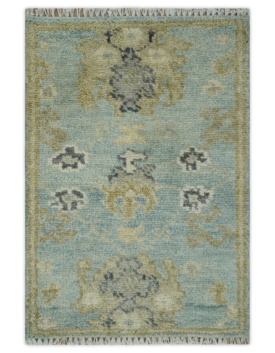 2x3 Hand Knotted Silver, Olive and Black Traditional Oushak Wool Rug - The Rug Decor
