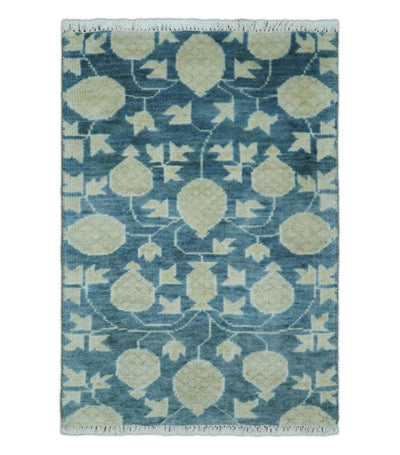 2x3 Hand Knotted Teal and Beige Balloon shape Oushak Wool Area Rug - The Rug Decor