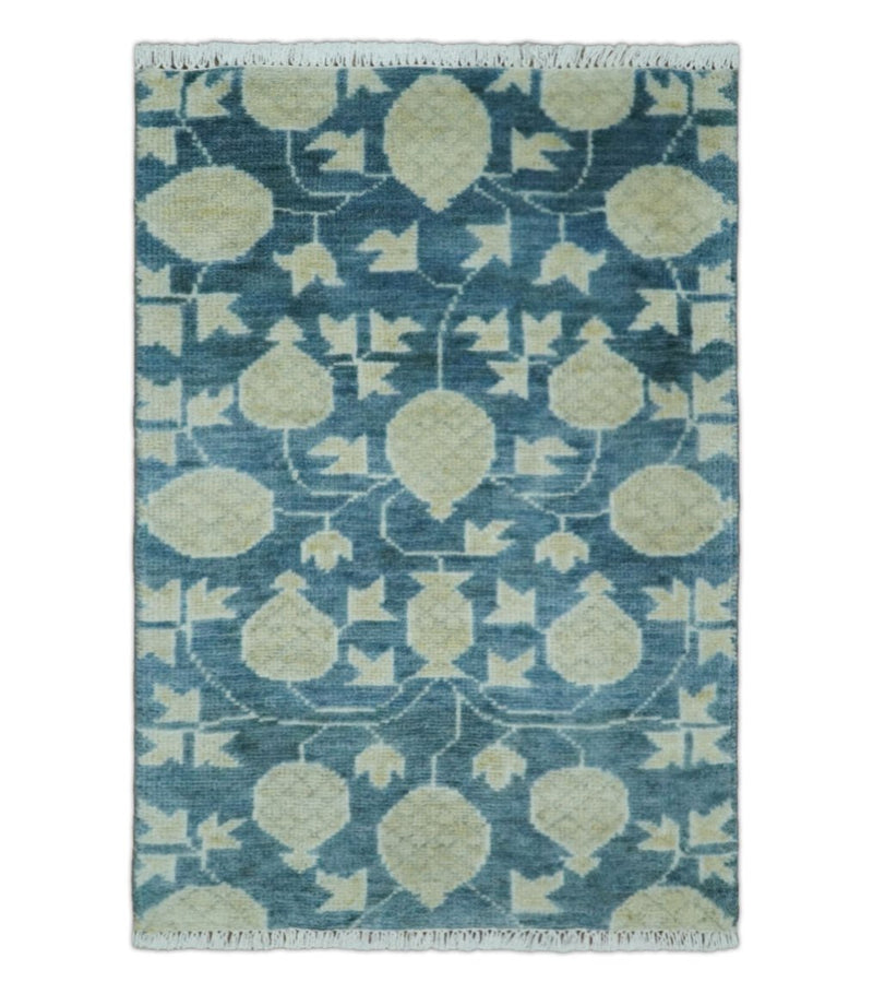 2x3 Hand Knotted Teal and Beige Balloon shape Oushak Wool Area Rug - The Rug Decor