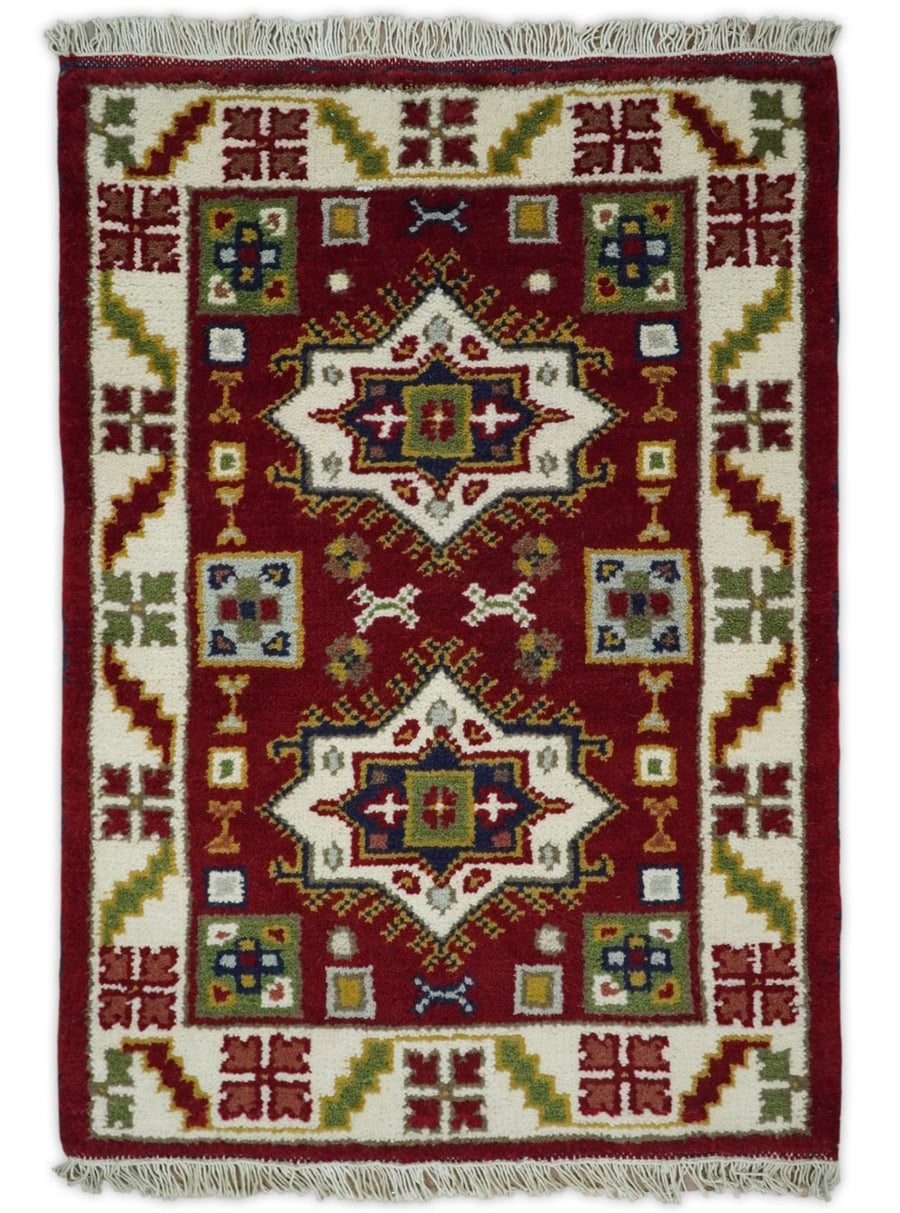 2x3 Hand Knotted traditional Kazak Red and Ivory Armenian Tribal Entryway Rug | KZA11 - The Rug Decor