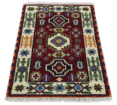 2x3 Hand Knotted traditional Kazak Rust and Blue Doormat Rug | KZA25 - The Rug Decor