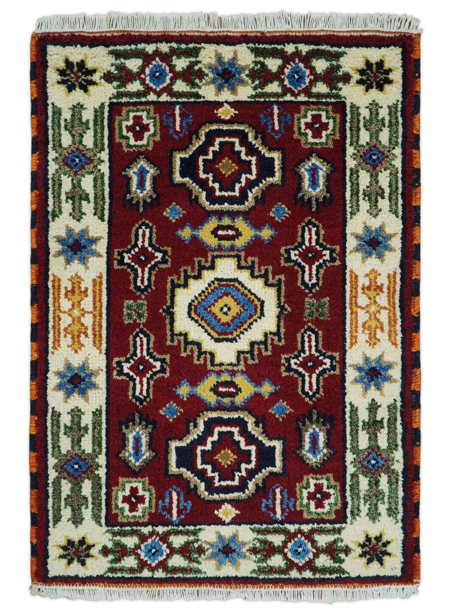 2x3 Hand Knotted traditional Kazak Rust and Blue Doormat Rug | KZA25 - The Rug Decor