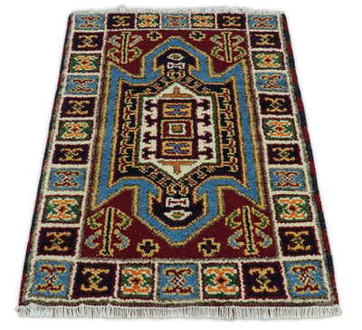 2x3 Hand Knotted traditional Kazak Rust and Blue Small Kitchen, Doormat Rug | KZA26 - The Rug Decor