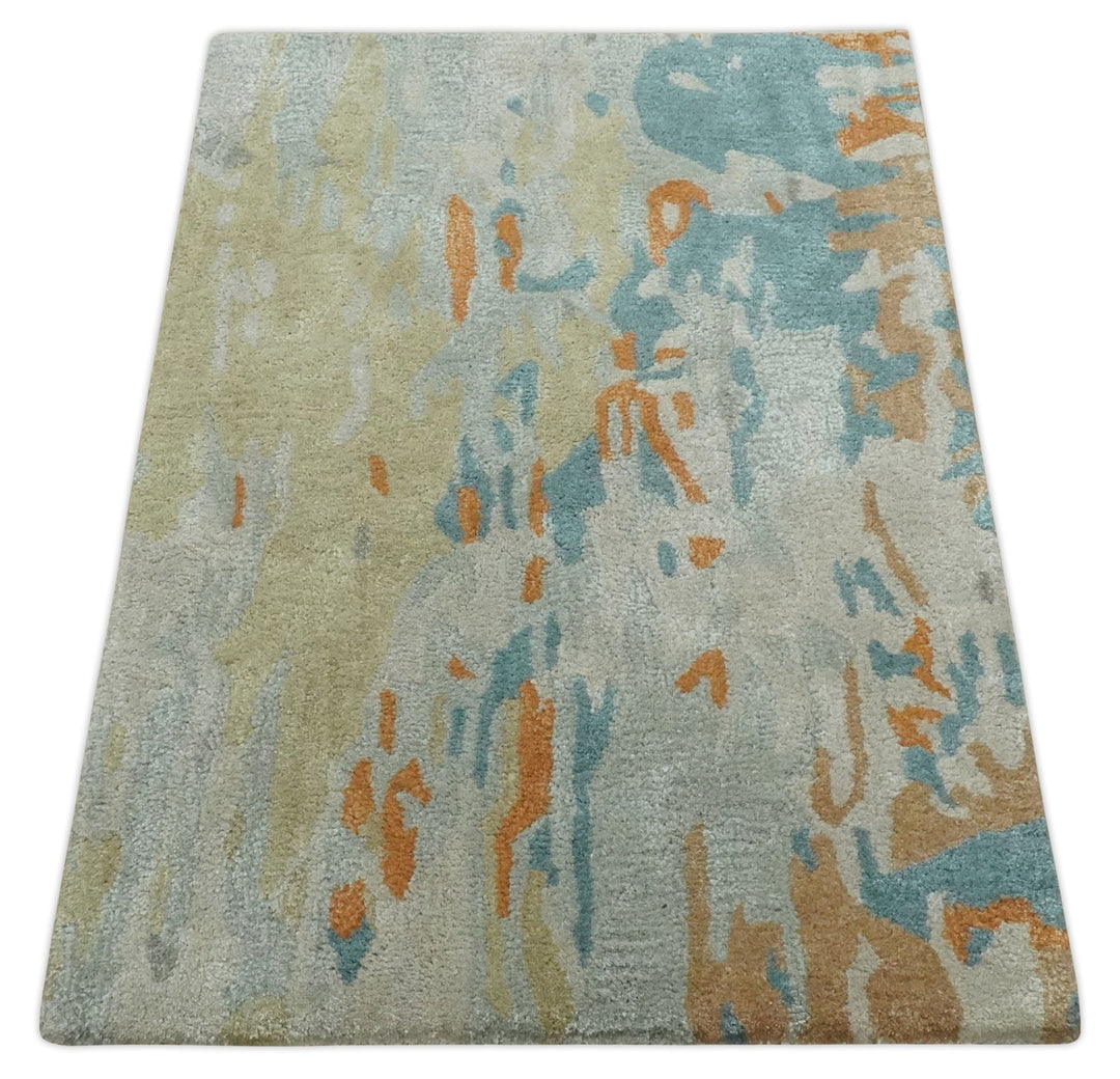 2x3 Handmade Abstract Design Silver, Beige, Teal and Rust made with fine wool Area Rug | TRDCP126423 - The Rug Decor