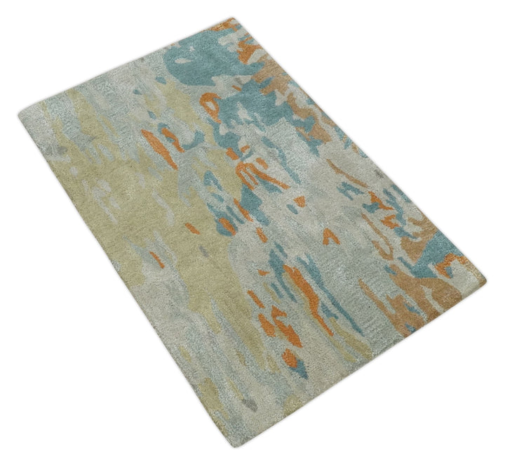 2x3 Handmade Abstract Design Silver, Beige, Teal and Rust made with fine wool Area Rug | TRDCP126423 - The Rug Decor