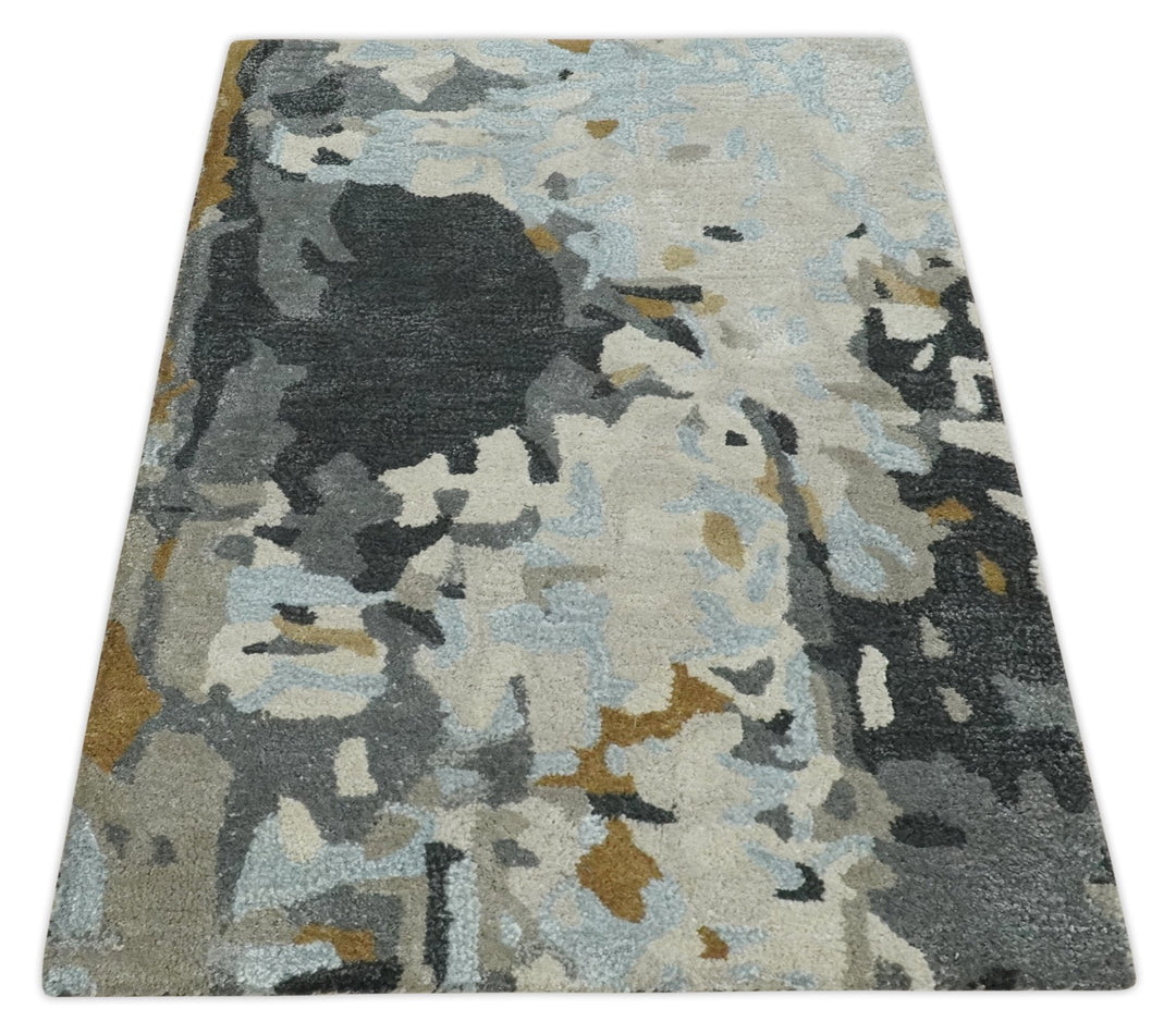 2x3 Handmade Abstract Design Silver, Ivory and Black made with fine wool Area Rug | TRDCP126523 - The Rug Decor