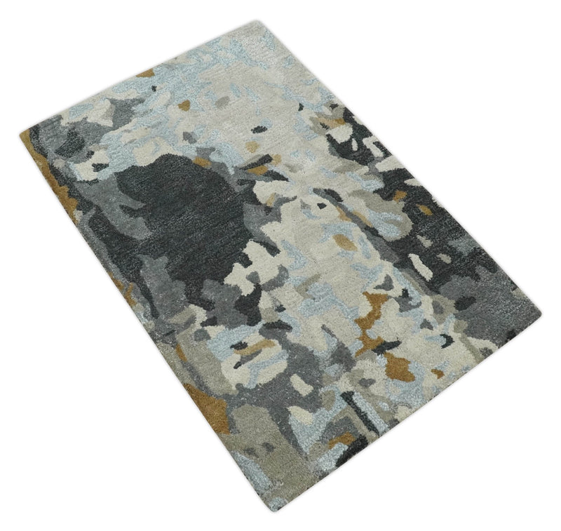 2x3 Handmade Abstract Design Silver, Ivory and Black made with fine wool Area Rug | TRDCP126523 - The Rug Decor