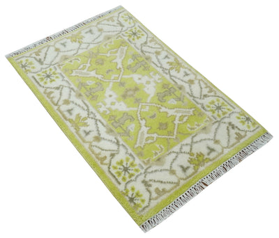 2x3 Iight Green and Ivory Hand Knotted Oriental Oushak Wool Area Rug, Kids, Living Room and Bedroom Rug - The Rug Decor
