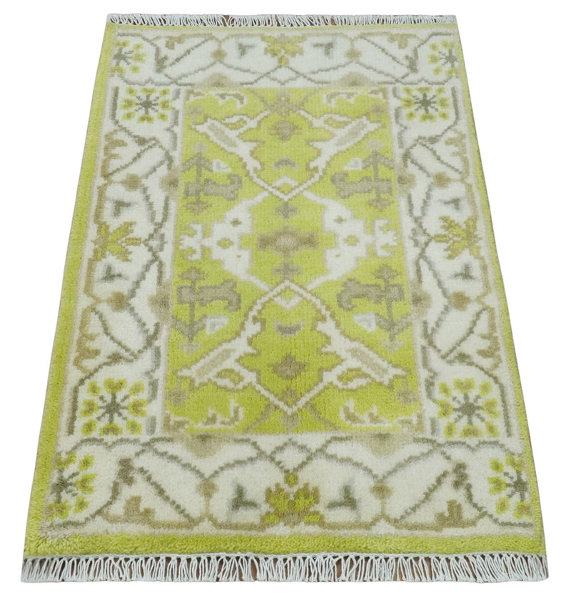 2x3 Iight Green and Ivory Hand Knotted Oriental Oushak Wool Area Rug, Kids, Living Room and Bedroom Rug - The Rug Decor