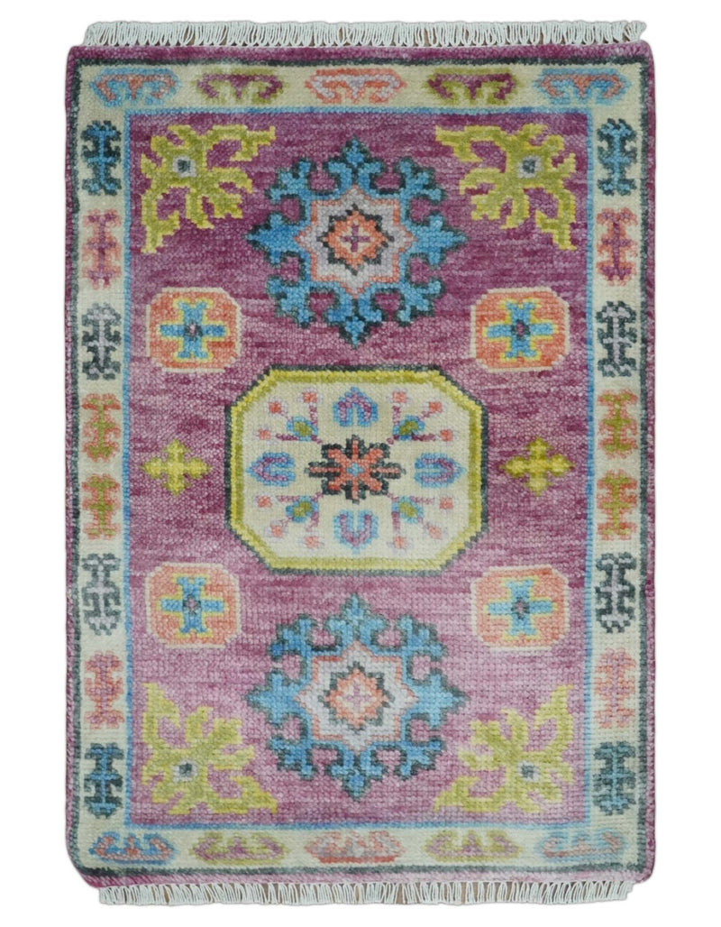 2x3 Ivory and Purple Hand Knotted Heriz Traditional vintage colorful Wool Rug - The Rug Decor