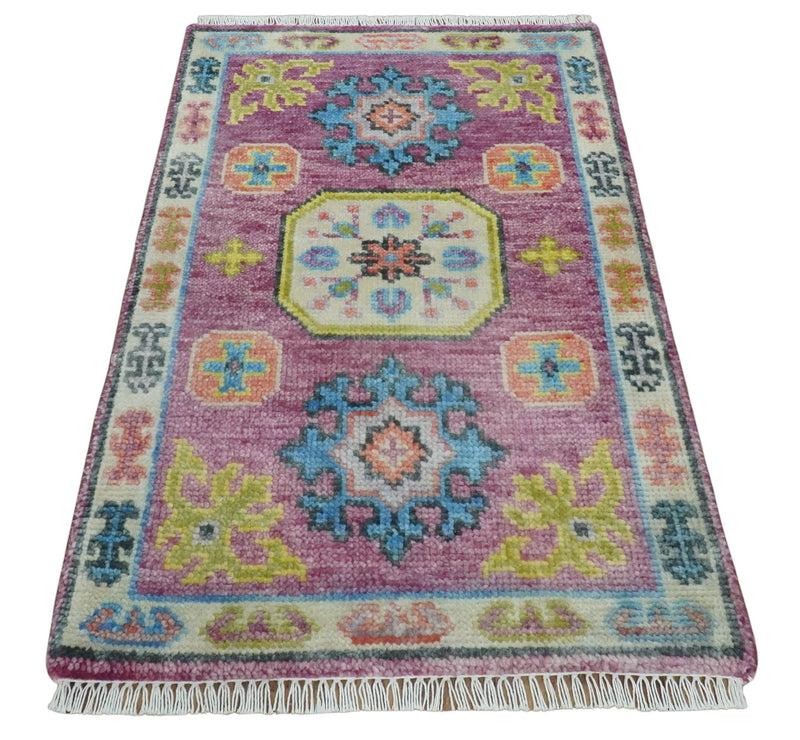 2x3 Ivory and Purple Hand Knotted Heriz Traditional vintage colorful Wool Rug - The Rug Decor