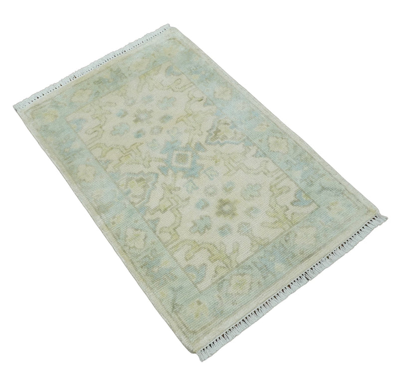 2x3 Ivory, Beige and Aqua Hand Knotted Heriz Traditional Wool Area Rug - The Rug Decor
