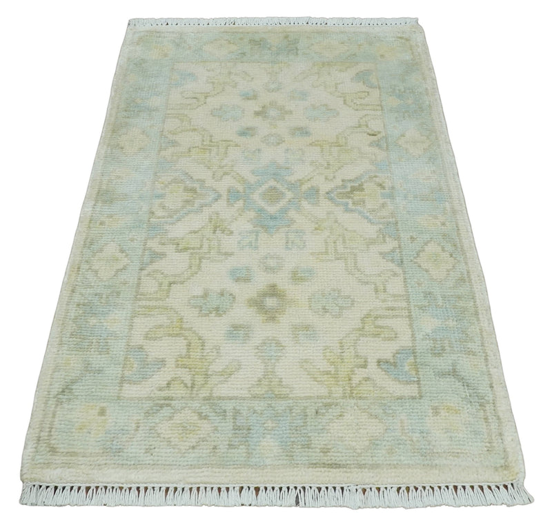 2x3 Ivory, Beige and Aqua Hand Knotted Heriz Traditional Wool Area Rug - The Rug Decor