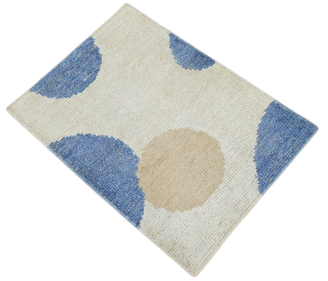2x3 Ivory, Beige and Blue Wool Hand Knotted Modern Polka Dots Kids Rug | N2523 - The Rug Decor