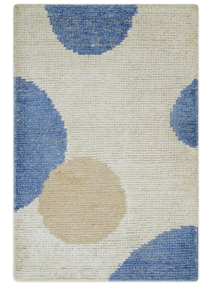 2x3 Ivory, Beige and Blue Wool Hand Knotted Modern Polka Dots Kids Rug | N2523 - The Rug Decor