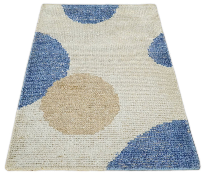 2x3 Ivory, Beige and Blue Wool Hand Knotted Modern Polka Dots Kids Rug | N2523 - The Rug Decor