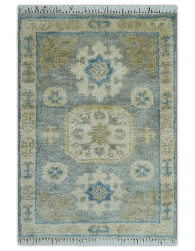 2x3 Ivory, Beige and Silver Hand Knotted Heriz Traditional Design Wool Rug - The Rug Decor