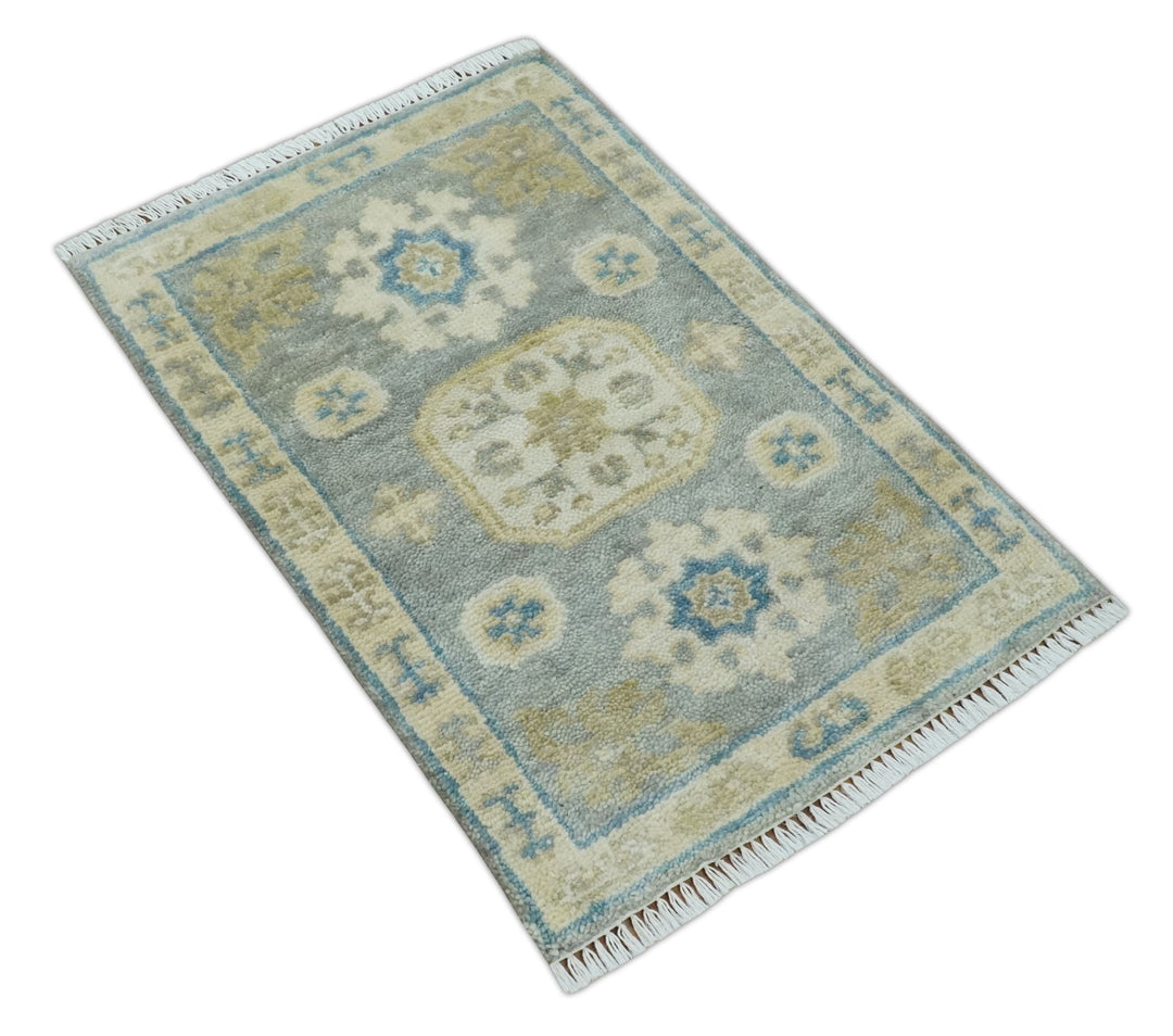 2x3 Ivory, Beige and Silver Hand Knotted Heriz Traditional Design Wool Rug - The Rug Decor