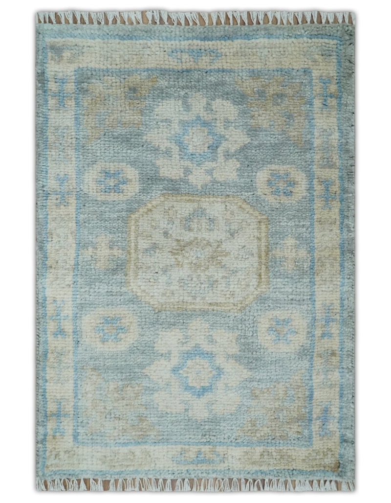 2x3 Ivory, Beige and Silver Hand Knotted Heriz Traditional Design Wool Rug - The Rug Decor