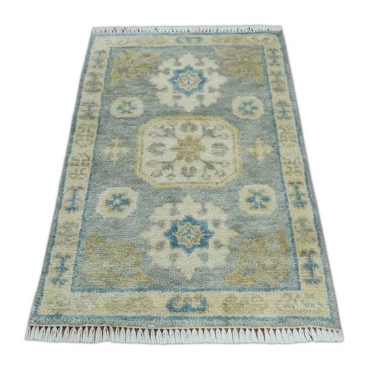 2x3 Ivory, Beige and Silver Hand Knotted Heriz Traditional Design Wool Rug - The Rug Decor