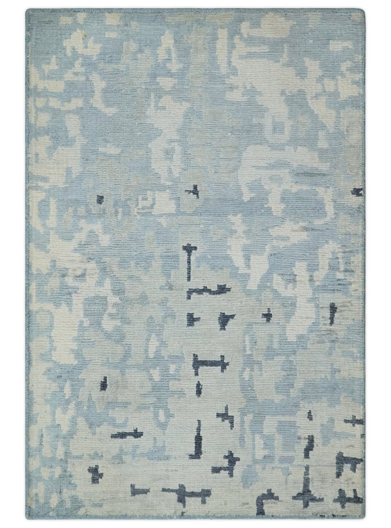 2x3 Modern Abstract Blue, Ivory and Charcoal Rug made with Bamboo silk | N5723 - The Rug Decor