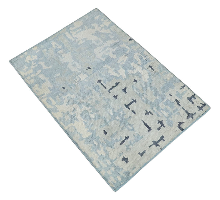 2x3 Modern Abstract Blue, Ivory and Charcoal Rug made with Bamboo silk | N5723 - The Rug Decor
