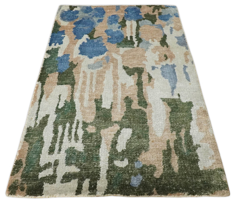 2x3 Modern Abstract Green, Peach, Silver and Blue Rug made with Art Silk| N3723 - The Rug Decor