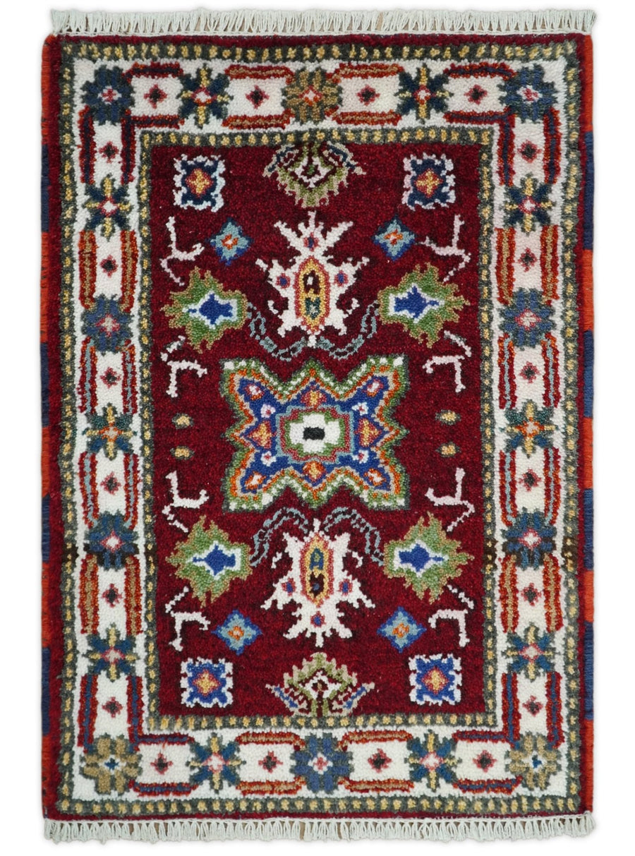 2x3 Red and Ivory Wool Hand Knotted traditional Persian Vintage Antique Southwestern Kazak | TRDCP28623 - The Rug Decor