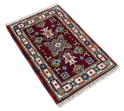 2x3 Red and Ivory Wool Hand Knotted traditional Persian Vintage Antique Southwestern Kazak | TRDCP28623 - The Rug Decor