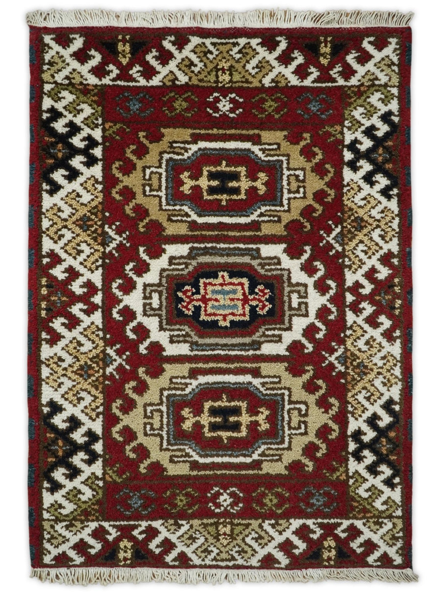 2x3 Runner Hand Knotted traditional Kazak Rust and Beige Tribal Armenian Rug | KZA12 - The Rug Decor