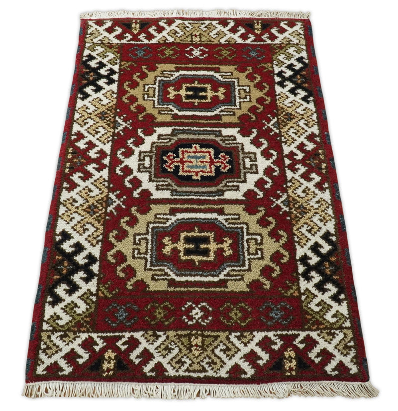 2x3 Runner Hand Knotted traditional Kazak Rust and Beige Tribal Armenian Rug | KZA12 - The Rug Decor