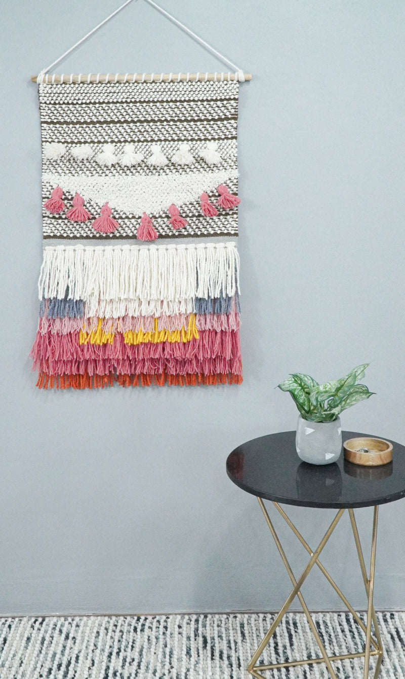 2x3 Wool Hand Woven Brown, White and Pink Boho Wall Hanging | WH1 - The Rug Decor