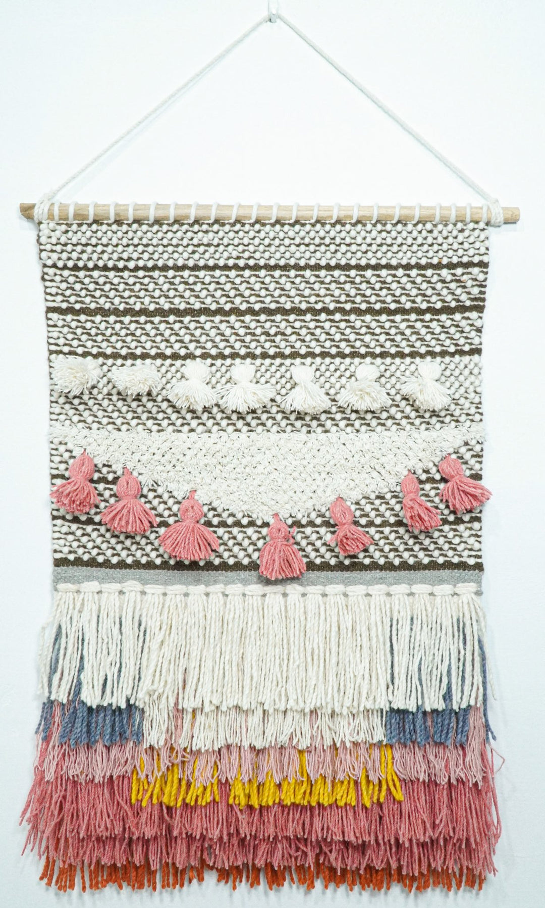 2x3 Wool Hand Woven Brown, White and Pink Boho Wall Hanging | WH1 - The Rug Decor