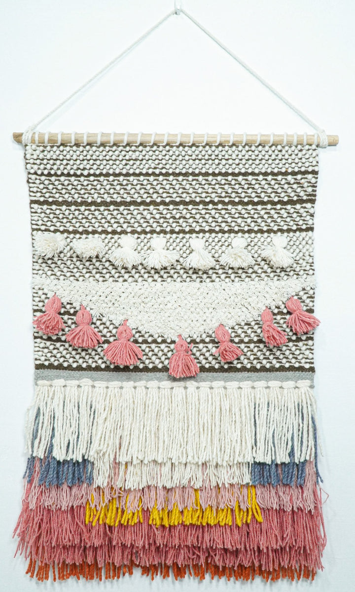 2x3 Wool Hand Woven Brown, White and Pink Boho Wall Hanging | WH1 - The Rug Decor