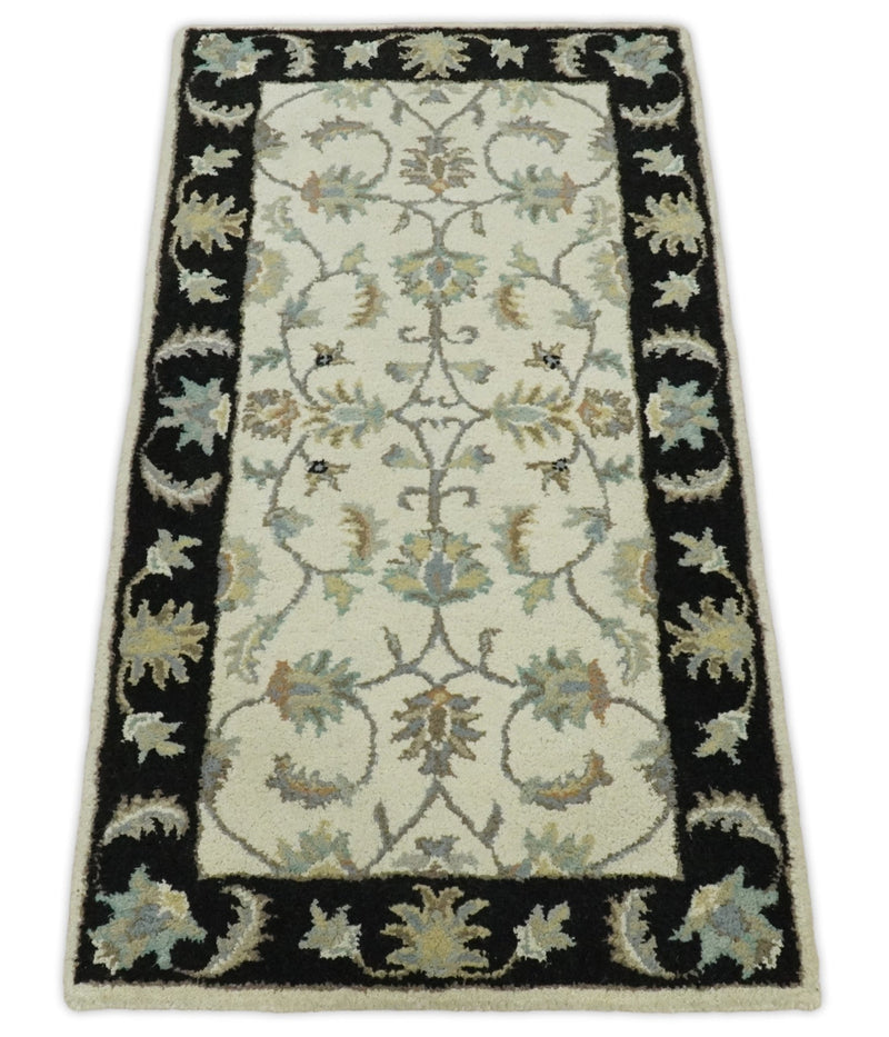 2x4 Handmade Persian Design Ivory and Black made with fine wool Area Rug | TRDCP15624 - The Rug Decor