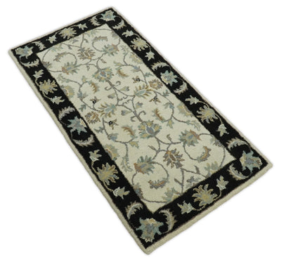 2x4 Handmade Persian Design Ivory and Black made with fine wool Area Rug | TRDCP15624 - The Rug Decor