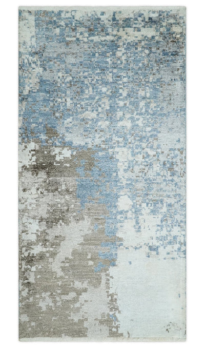 2x4 Modern Abstract Blue, Silver and Charcoal Hand Knotted Art Silk Rug| N8324 - The Rug Decor