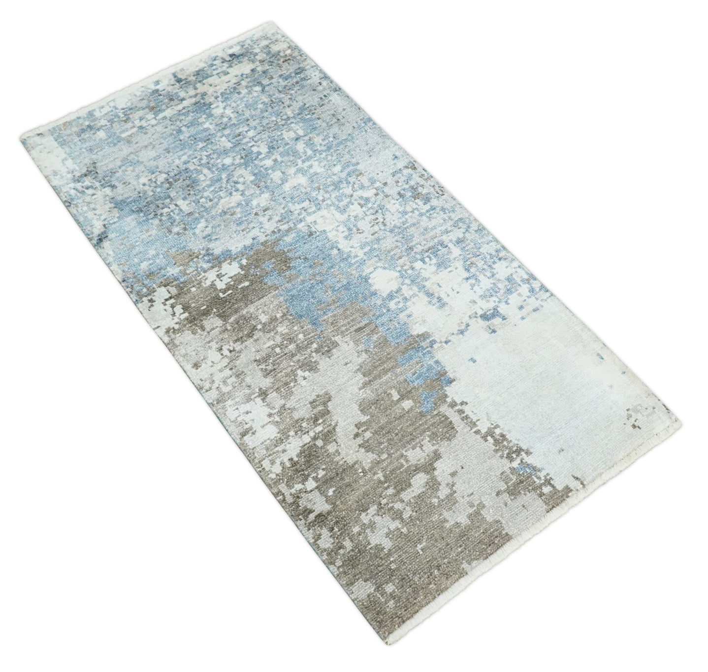2x4 Modern Abstract Blue, Silver and Charcoal Hand Knotted Art Silk Rug| N8324 - The Rug Decor
