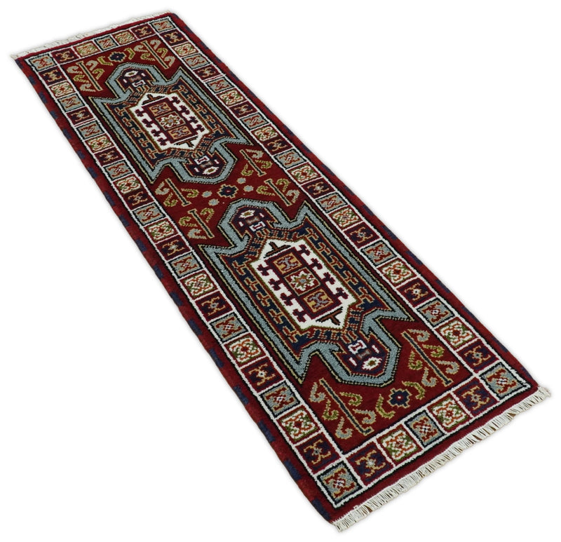 2x6 Runner Hand Knotted traditional Kazak Rust and Blue Armenian Rug | KZA24 - The Rug Decor