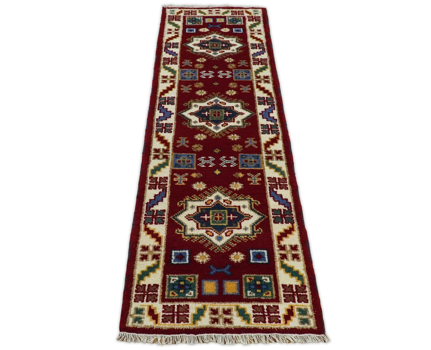 2x7 Hand Knotted Antique Kazak Runner Blue and Rust Traditional Tribal Armenian Rug | KZA1 - The Rug Decor