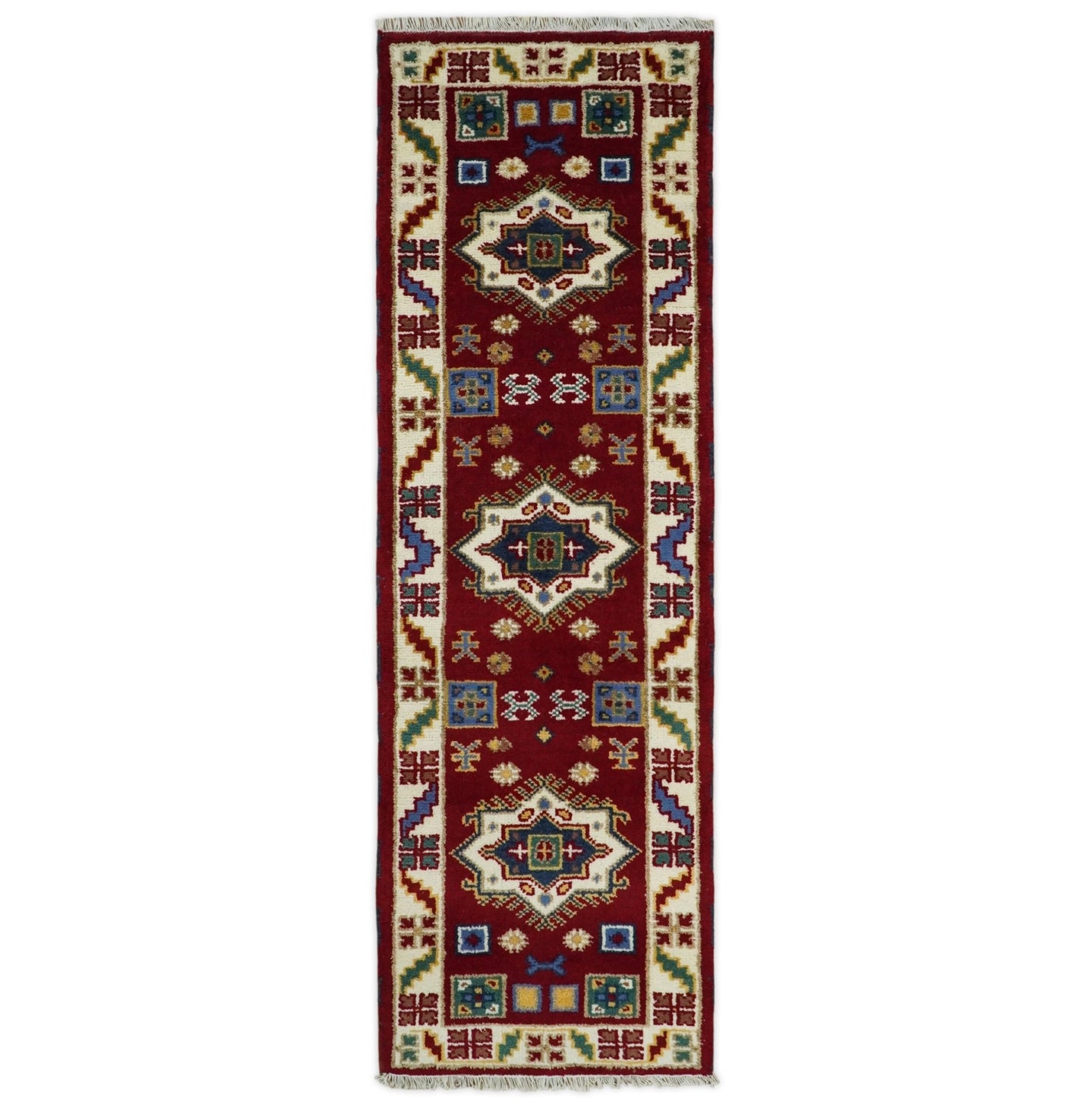 2x7 Hand Knotted Antique Kazak Runner Blue and Rust Traditional Tribal Armenian Rug | KZA1 - The Rug Decor