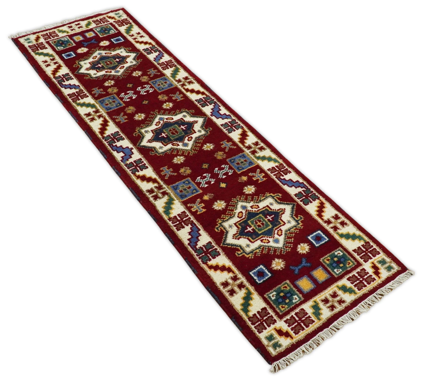 2x7 Hand Knotted Antique Kazak Runner Blue and Rust Traditional Tribal Armenian Rug | KZA1 - The Rug Decor