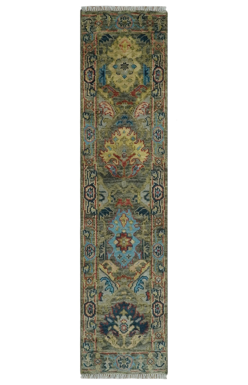 3 feet runner Traditional Charcoal, Brown and Blue Hand knotted Oushak Area Rug - The Rug Decor